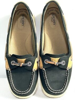 Sperry Women’s Size 8.5 Black Tan Slide In Boat Shoes Preppy Top Siders Canvas